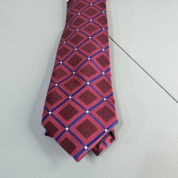 Perry‎ Ellis Portfolio Mens Necktie Hendry Grid Maroon Office Professional New - Picture 2 of 11